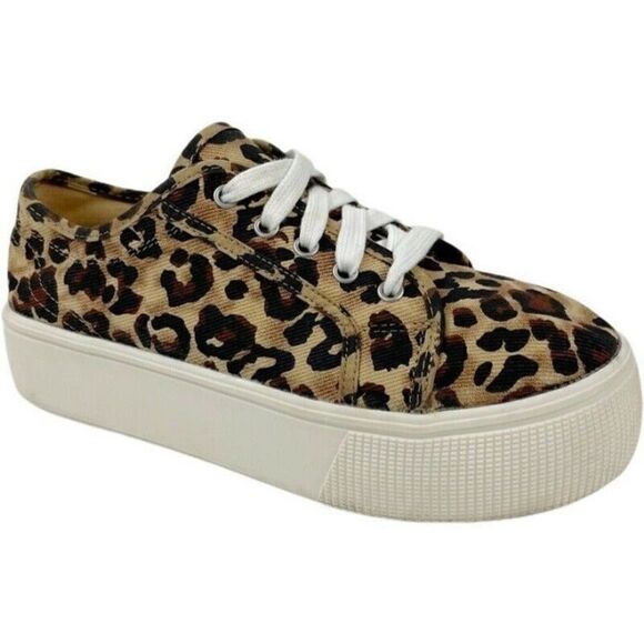 R12 Emma canvas Platform cheetah leopard print lace up shoes chunky Y2K -6.5 - Picture 1 of 10